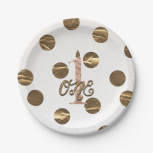 Bronze Polka Dots Rose Gold ONE 1 1st Birthday Paper Plate