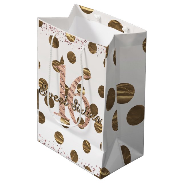 Bronze Polka Dots Rose Gold Sweet 16 Birthday Medium Gift Bag (Front Angled)