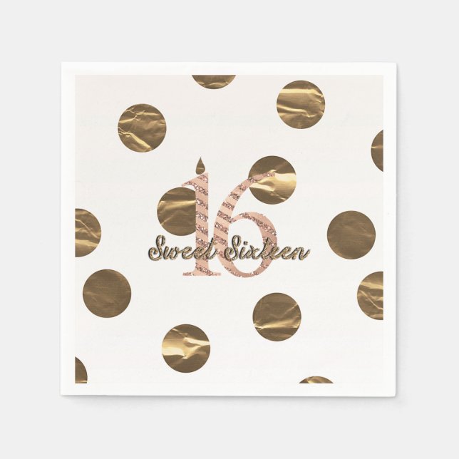 Bronze Polka Dots Rose Gold Sweet 16 Birthday Napkin (Front)
