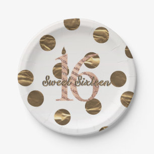 Bronze Polka Dots Rose Gold Sweet 16 Birthday Paper Plate
