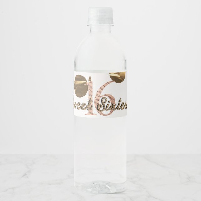 Bronze Polka Dots Rose Gold Sweet 16 Birthday Water Bottle Label (Front)