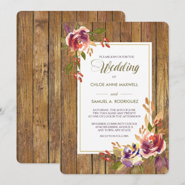 Bronze Rose Warm Wood Wedding Invitation (Front/Back)