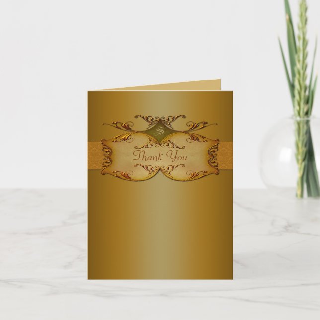 Bronze Scrolls Monogrammed Thank You Card (Front)