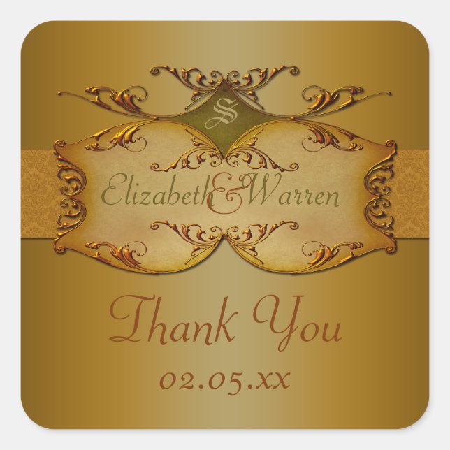 Bronze Scrolls Wedding Favour Thank You Sticker (Front)
