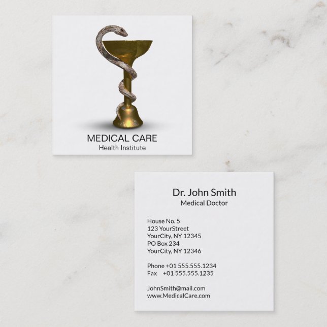 Bronze Snake Bowl Hygieia Medical White Caduceus Square Business Card (Front/Back)