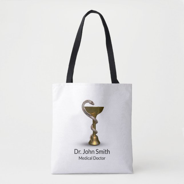Bronze Snake Bowl Hygieia Medical White Caduceus Tote Bag (Front)