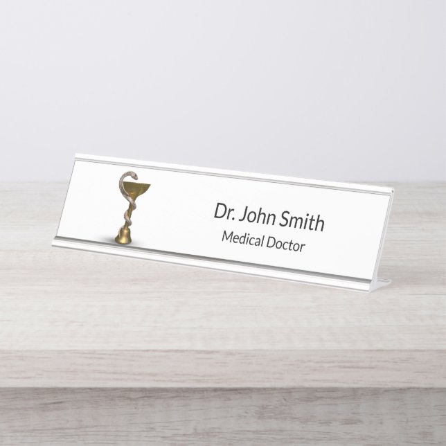 Bronze Snake Bowl Hygieia White Medical Caduceus Desk Name Plate (Front)