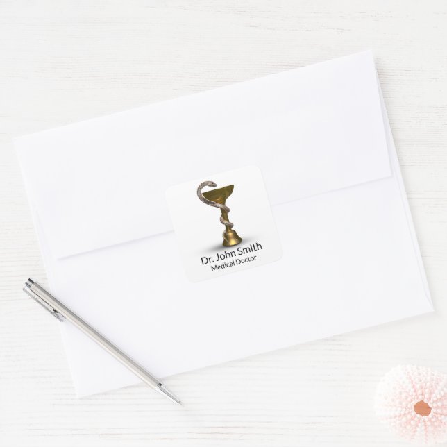 Bronze Snake Bowl Medical Hygieia White Caduceus Square Sticker (Envelope)
