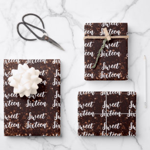Bronze sparkles Sweet 16 elegant script pattern Wrapping Paper Sheet