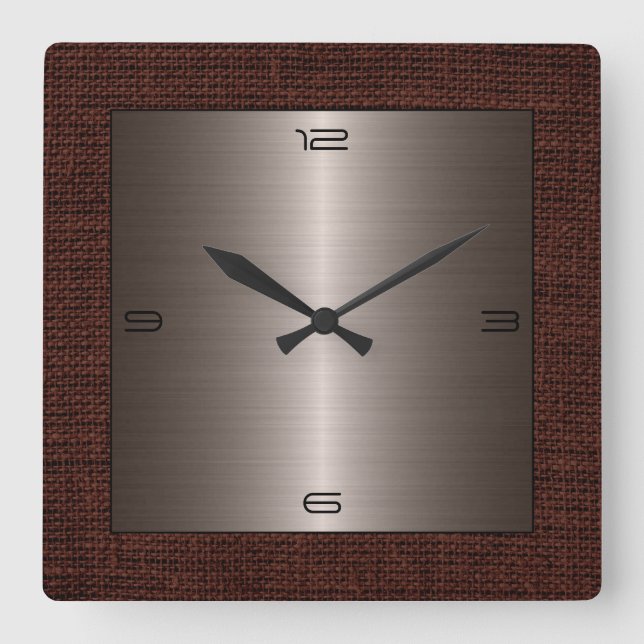 Bronze Stainless Steel Modern Burlap Border Square Wall Clock (Front)