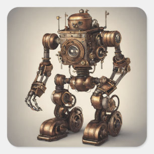 Bronze Steampunk Robot Sculpture Square Sticker