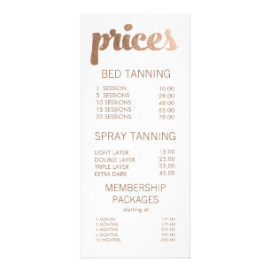 Bronze Tanning Salon Menu Price List Cards