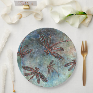 Bronze Tipped Dragonflies on a Magical Sky Paper Plate