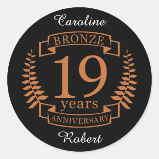 Bronze traditional wedding anniversary 19 years classic round sticker