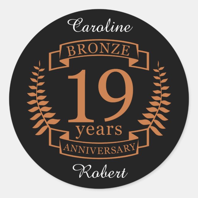 Bronze traditional wedding anniversary 19 years classic round sticker (Front)