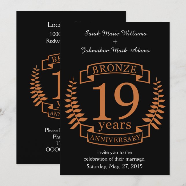 Bronze traditional wedding anniversary 19 years invitation (Front/Back)