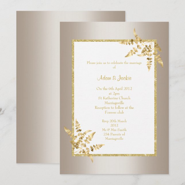BRONZE WHITE GOLD LEAF ELEGANT CLASSY WEDDING INVITATION (Front/Back)