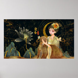 Bronzing Retro Chinese Beauty Classical Lotus Lily Poster