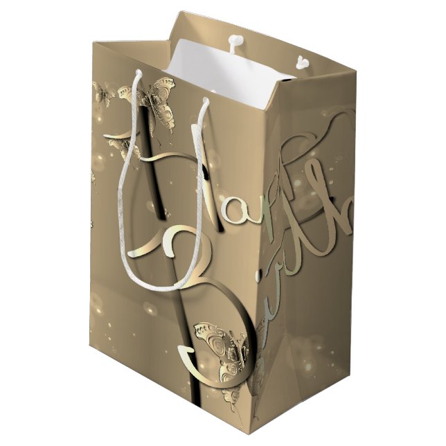 Bronzy "Happy Birthday" 3D Butterflies Medium Gift Bag (Back Angled)
