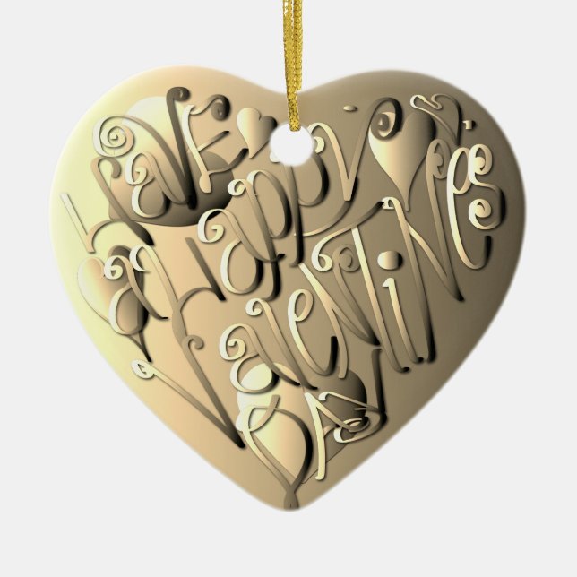 Bronzy "Happy Valentine's Day" Heart Your Text Ceramic Tree Decoration (Front)