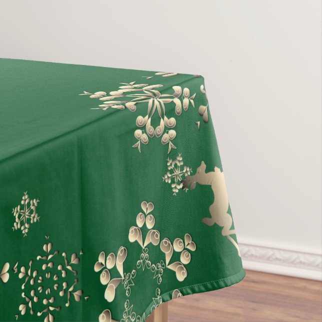 Bronzy Reindeer and Snowflakes on Green Tablecloth (In Situ)