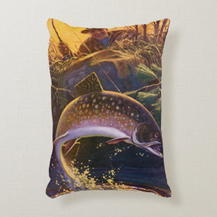 Brook Trout Fish Fisherman, Vintage Sports Fishing Decorative Cushion