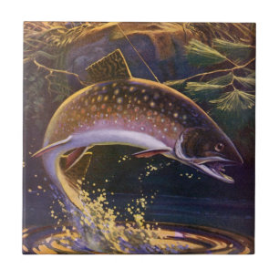 Brook Trout Fish Fisherman, Vintage Sports Fishing Tile