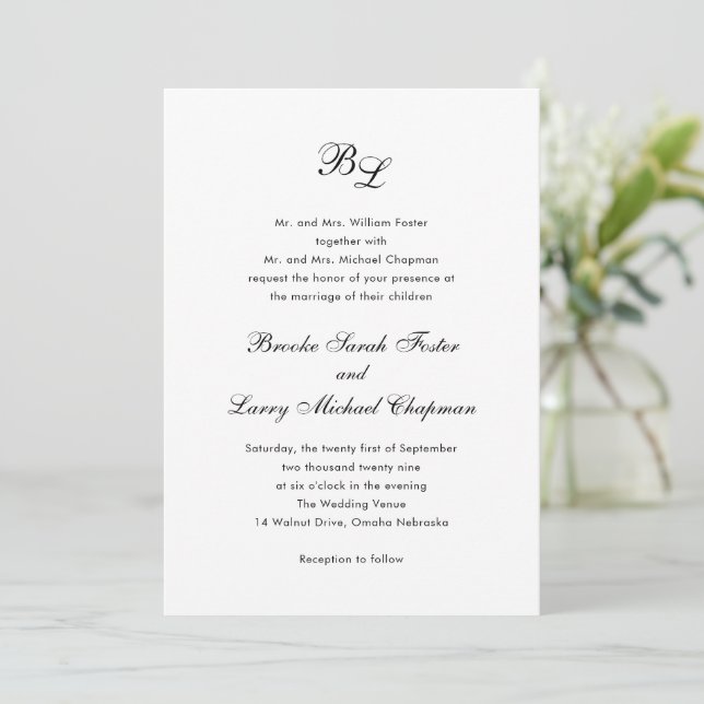 Brooke Classic Script Monogram Elegant Wedding Invitation (Standing Front)