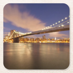 Brooklyn Bridge and Manhattan at Night. Square Paper Coaster