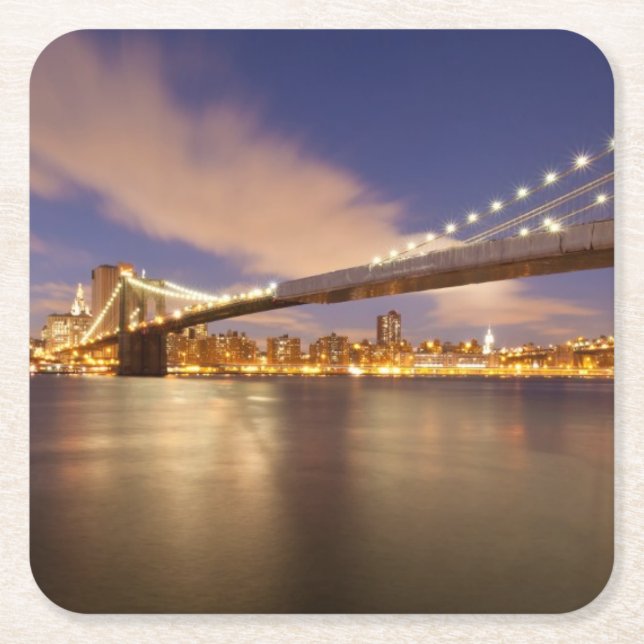 Brooklyn Bridge and Manhattan at Night. Square Paper Coaster (Front)