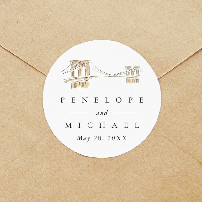 Brooklyn Bridge Chic New York City Wedding Classic Round Sticker (Watercolor Brooklyn Bridge New York City wedding sticker label.)