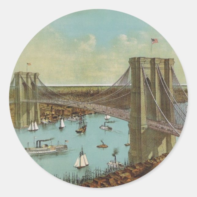 Brooklyn Bridge Colour Postcard Classic Round Sticker (Front)