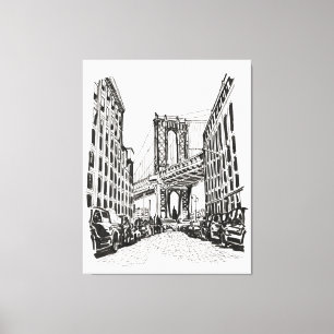 Brooklyn Bridge New York Black White Illustration Canvas Print