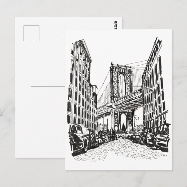 Brooklyn Bridge New York Black White Illustration Postcard (Front/Back)