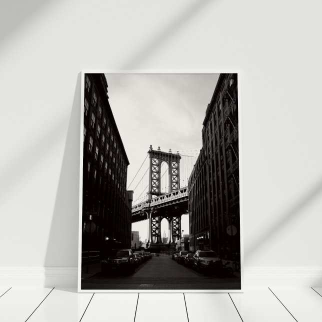 Brooklyn Bridge New York City - Canvas Print (Brooklyn Bridge New York City - Canvas Print in white frame on wooden floor.)
