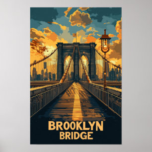 Brooklyn Bridge NY USA Vintage Illustration Travel Poster