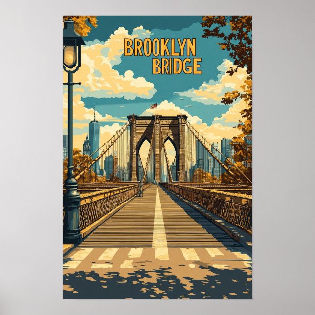 Brooklyn Bridge NYC Vintage Illustration Travel Poster (Front)