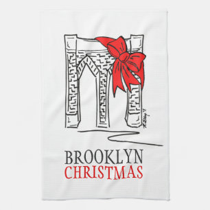 Brooklyn Bridge Red Bow New York City Christmas  Tea Towel