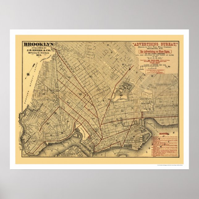Brooklyn City Railroad Map 1874 Poster (Front)
