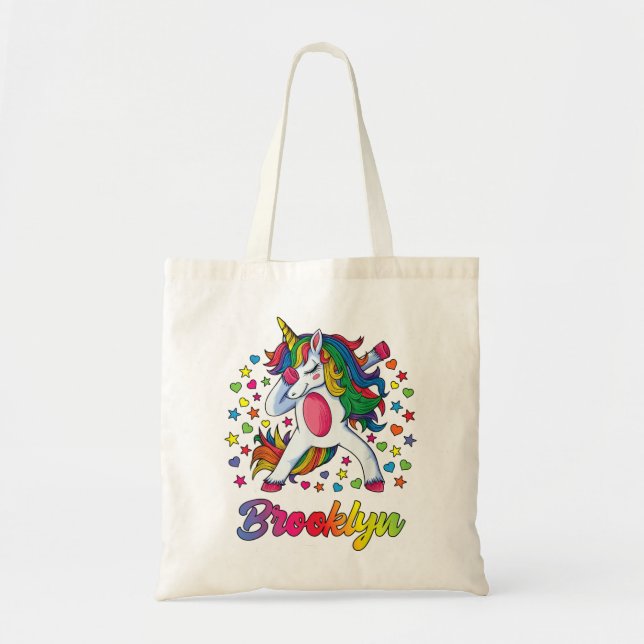 Brooklyn Dabbing Unicorn Rainbow Personalised Name Tote Bag (Front)
