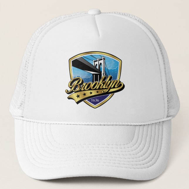 Brooklyn Elegant Gold Swoosh Logo Design Trucker Hat (Front)
