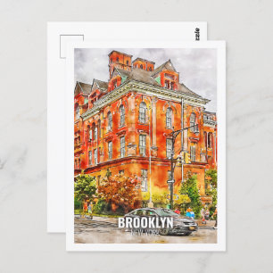Brooklyn New York Famous Travel Watercolor Sketch Postcard