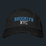 BROOKLYN NYC on Black Vintage Style Embroidered Hat<br><div class="desc">BROOKLYN NYC jade and light blue coloured embroidery on Black distressed vintage style cotton hat. Embroidery is customisable to other colour choices by selecting the "Edit Design" tool button. Also available is the option to select choice of hat colour on the main item page.</div>