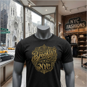 Brooklyn NYC Ornate Gold Filigree Typography Art T-Shirt