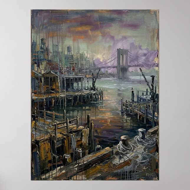 Brooklyn Waterfront Sunset With Bridge View Poster (Front)