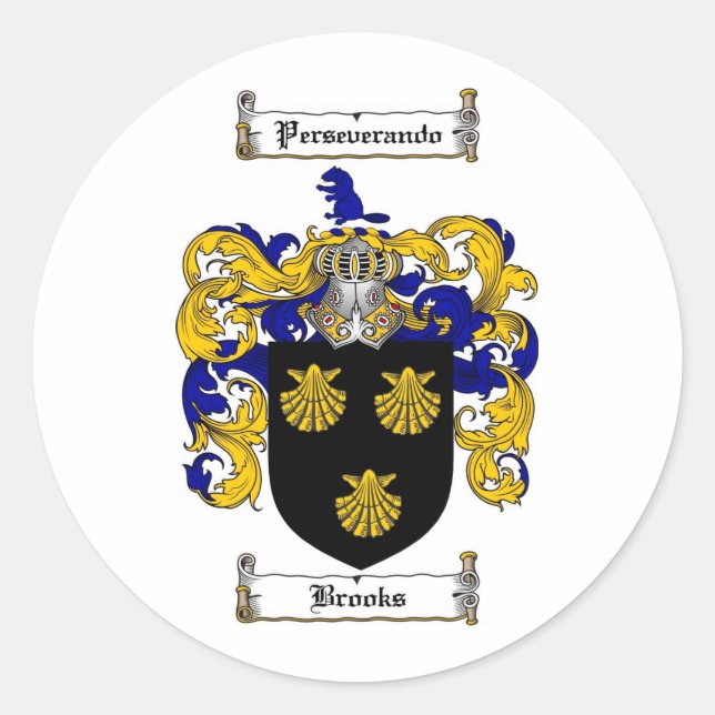 BROOKS FAMILY CREST -  BROOKS COAT OF ARMS CLASSIC ROUND STICKER (Front)