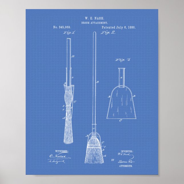 Broom Attachment 1886 Patent Art Blueprint Poster (Front)