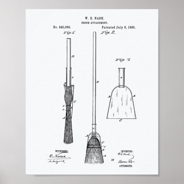 Broom Attachment 1886 Patent Art White Paper Poster (Front)