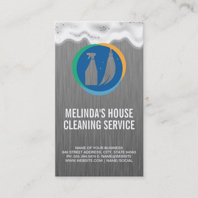 Broom Bottle Spray Logo | Cleaning Services | Soap Business Card (Front)