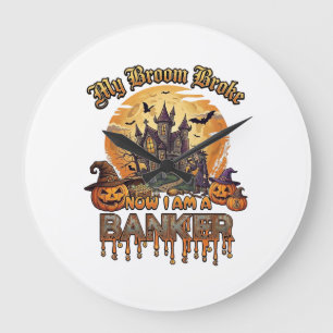 Broom Broke Banker Halloween Haunted House Witch P Large Clock